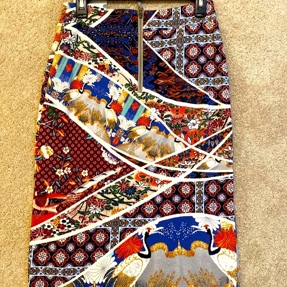 Anthropologie Multi-Color Crane Bird Patterned Midi Skirt